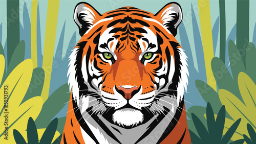 Modern vector illustration of close up tiger face with jungle background, bold flat style wildlife portrait, ideal for conservation and nature visuals