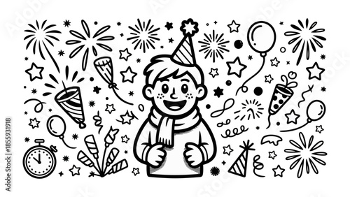 Festive Celebration Illustration: a whimsical illustration of a young person amidst a joyful new year celebration, surrounded by party elements. 