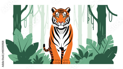Modern vector illustration of close up tiger face with jungle background, bold flat style wildlife portrait, ideal for conservation and nature visuals