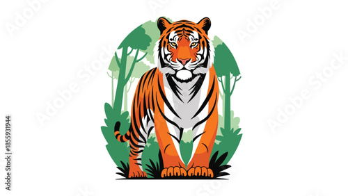 Modern vector illustration of close up tiger face with jungle background, bold flat style wildlife portrait, ideal for conservation and nature visuals