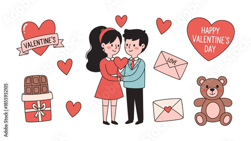 Valentine's Day Couple and Symbols: The perfect harmony of love, couple embrace, surrounded by heart symbols and presents in celebration of the day