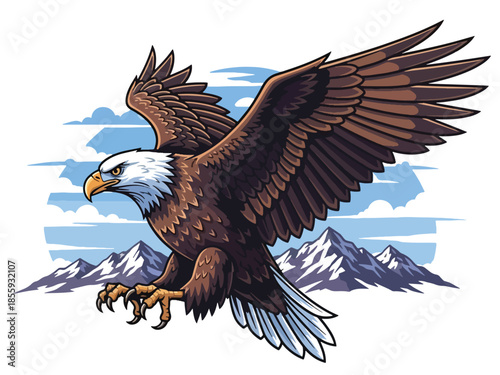 Modern vector illustration of close up eagle head with mountain sky background, strong flat style wildlife portrait, ideal for freedom and nature themes