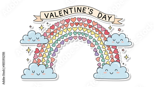 Valentine's Day Rainbow of Hearts: A vibrant illustration showcasing a rainbow crafted from hearts, floating above smiling clouds. A banner overhead proclaims Valentine's Day.