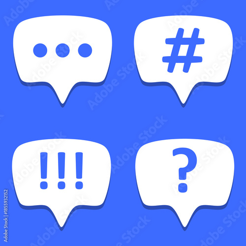 Chat bubble icon set with symbols for message, hashtag, question and alert. Flat vector illustration for communication, social media, messaging apps, comments, notifications, and online interaction.