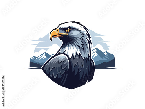 Modern vector illustration of close up eagle head with mountain sky background, strong flat style wildlife portrait, ideal for freedom and nature themes
