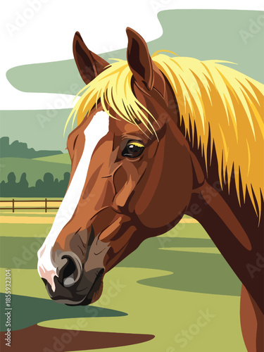 Modern vector illustration of close up horse head in open field background, elegant flat style animal portrait, ideal for rural and lifestyle designs