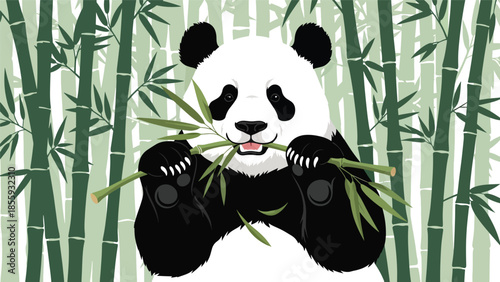 Modern vector illustration of close up panda face eating bamboo with forest background, cute flat style wildlife portrait, ideal for conservation visuals