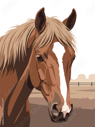 Modern vector illustration of close up horse head in open field background, elegant flat style animal portrait, ideal for rural and lifestyle designs