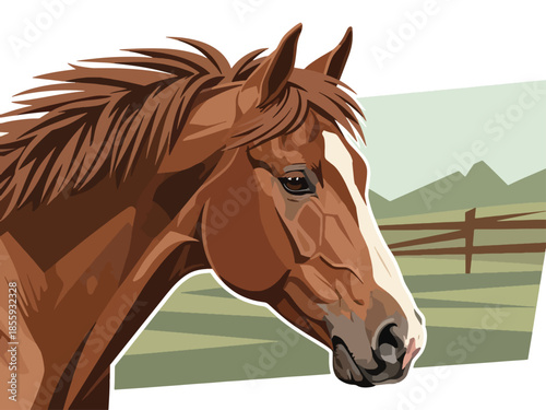 Modern vector illustration of close up horse head in open field background, elegant flat style animal portrait, ideal for rural and lifestyle designs