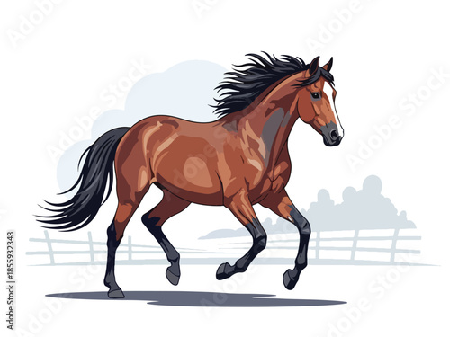 Modern vector illustration of close up horse head in open field background, elegant flat style animal portrait, ideal for rural and lifestyle designs