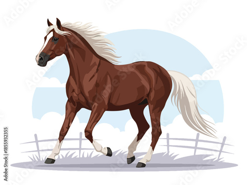 Modern vector illustration of close up horse head in open field background, elegant flat style animal portrait, ideal for rural and lifestyle designs