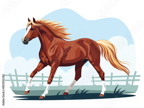 Modern vector illustration of close up horse head in open field background, elegant flat style animal portrait, ideal for rural and lifestyle designs