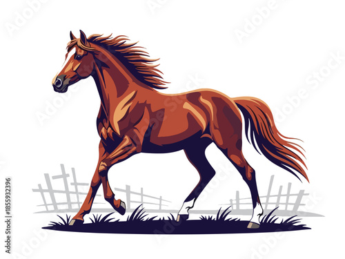 Modern vector illustration of close up horse head in open field background, elegant flat style animal portrait, ideal for rural and lifestyle designs