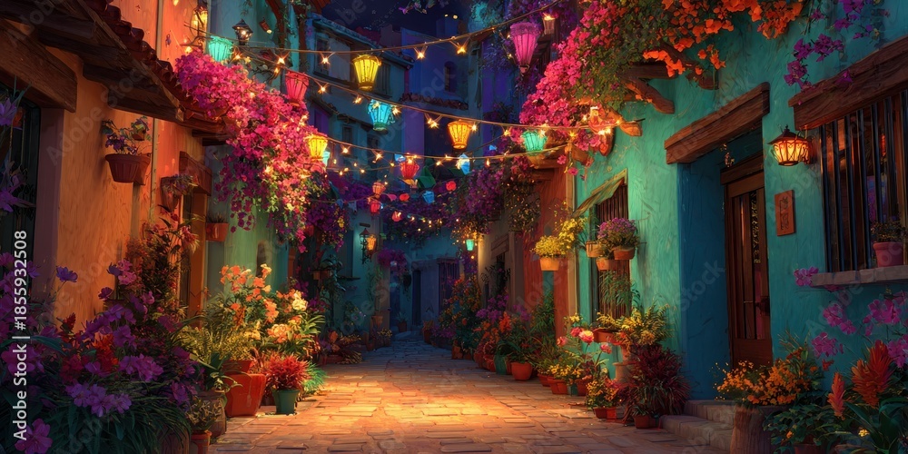 Fototapeta premium A colorful street with a lot of flowers and lanterns hanging from the buildings