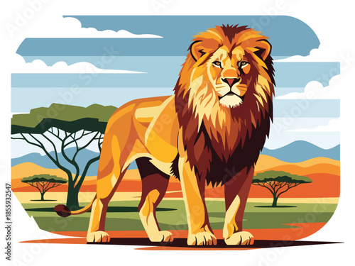 Modern vector illustration of close up lion face with savanna background, majestic flat style wildlife portrait, ideal for strength and leadership themes