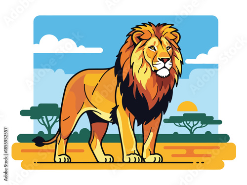 Modern vector illustration of close up lion face with savanna background, majestic flat style wildlife portrait, ideal for strength and leadership themes