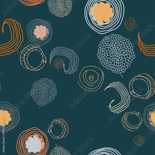 A seamless pattern in a primitive folk art style. This digital botanical illustration in a blue and orange color scheme is perfect for autumn festivals and holidays.
