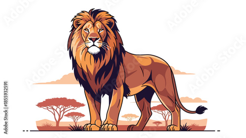Modern vector illustration of close up lion face with savanna background, majestic flat style wildlife portrait, ideal for strength and leadership themes