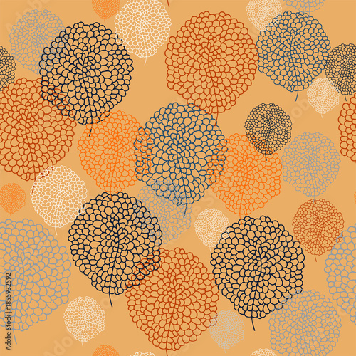 A seamless pattern in a primitive folk art style. This digital botanical illustration in a blue and orange color scheme is perfect for autumn festivals and holidays.