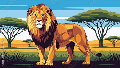 Modern vector illustration of close up lion face with savanna background, majestic flat style wildlife portrait, ideal for strength and leadership themes