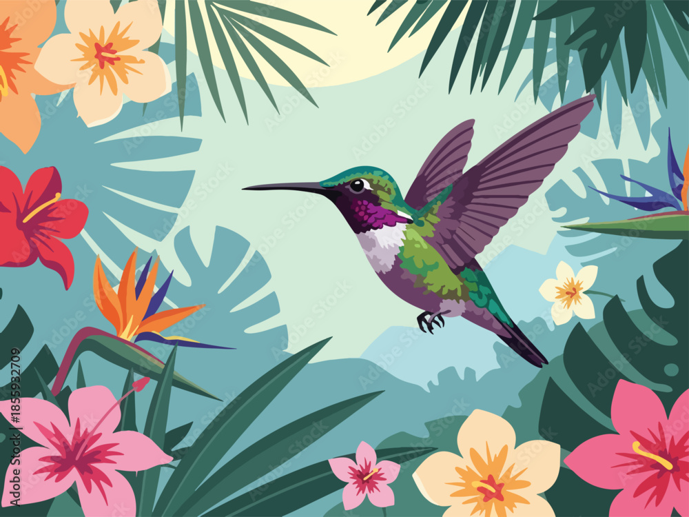 Fototapeta premium Modern vector illustration of close up hummingbird hovering near flower, flat style tropical wildlife portrait, ideal for nature and garden visuals