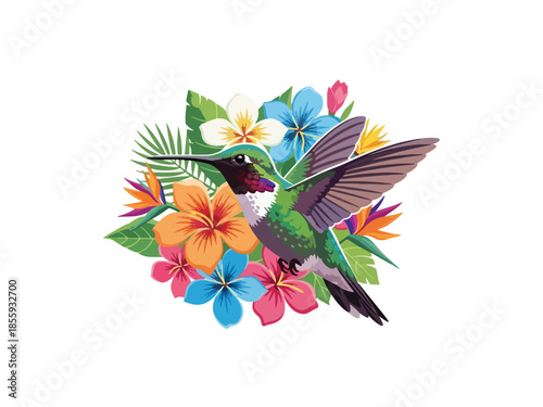 Modern vector illustration of close up hummingbird hovering near flower, flat style tropical wildlife portrait, ideal for nature and garden visuals