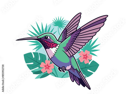 Modern vector illustration of close up hummingbird hovering near flower, flat style tropical wildlife portrait, ideal for nature and garden visuals