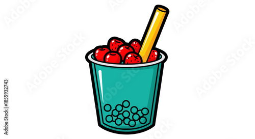 Illustration of a refreshing bubble tea drink with tapioca pearls.
