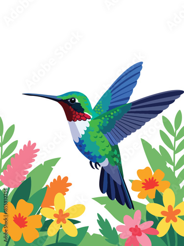 Modern vector illustration of close up hummingbird hovering near flower, flat style tropical wildlife portrait, ideal for nature and garden visuals