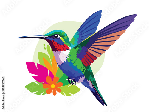 Modern vector illustration of close up hummingbird hovering near flower, flat style tropical wildlife portrait, ideal for nature and garden visuals