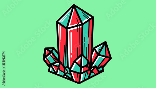 Vibrant Crystal Cluster Illustration with Red and Teal Accents.