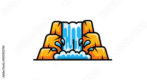 Cartoon Waterfall Cascading Down Rocky Cliffs with Splashing Water.