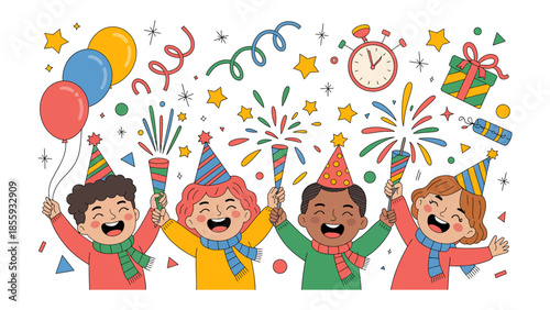 Celebration with Joyful Children: A vibrant illustration showcasing children immersed in a celebratory moment, igniting joy with crackers, wearing colorful hats, surrounded by confetti and balloons. 