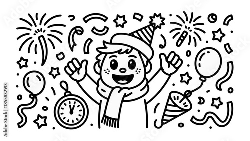 Celebratory Doodle: Joyful sketch of a person celebrating a happy moment in an environment filled with confetti and fireworks. Capturing the spirit of joy and the thrill of the moment