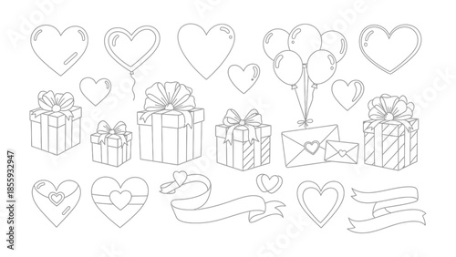 Valentines Day Elements Collection: A charming compilation of Valentines Day elements, designed with line art, including heart-shaped balloons, gift box, love letters and ribbons.