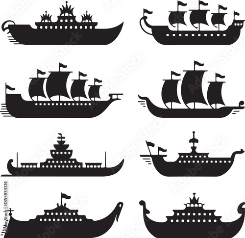 Collection of vintage and historical ship silhouettes isolated