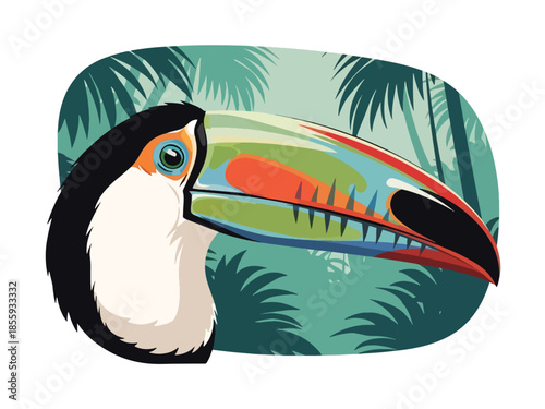 Modern vector illustration of close up toucan head with rainforest background, vibrant flat style tropical bird portrait, ideal for nature visuals