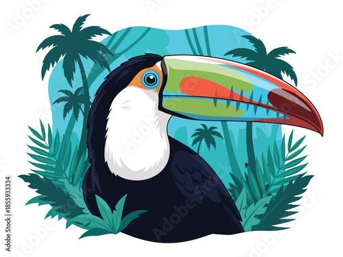 Modern vector illustration of close up toucan head with rainforest background, vibrant flat style tropical bird portrait, ideal for nature visuals
