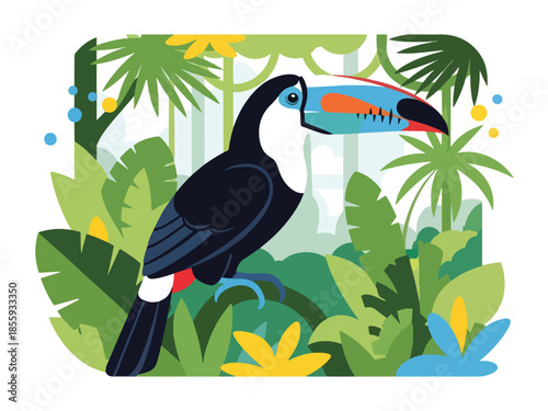 Modern vector illustration of close up toucan head with rainforest background, vibrant flat style tropical bird portrait, ideal for nature visuals