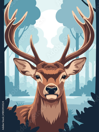 Modern vector illustration of close up deer face with forest clearing background, peaceful flat style wildlife portrait, ideal for nature and calm visuals