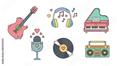 Musical Harmony: A collection of musical elements, including a guitar, headphones, piano, microphone, vinyl record, and boombox, designed in a simple, cute style with hearts and notes.