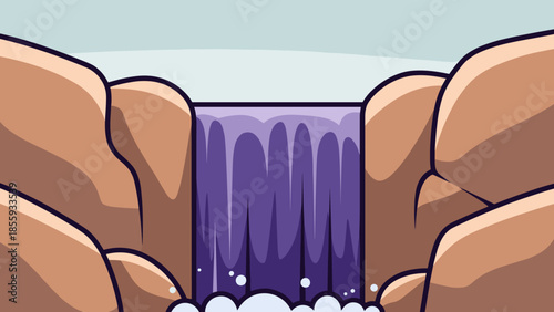 Cartoon Waterfall Scene with Rocks and Flowing Water Illustration.