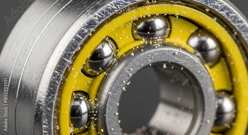 Macro View of a Clean Ball Bearing with Yellow Cage and Metal Balls Keywords: ball bearing, metal, steel, yellow, cage, mechanical