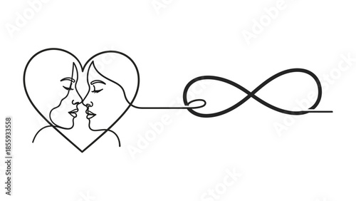 Eternal Embrace: A minimalist linear illustration symbolizes enduring love, depicting two faces merging within a heart, connected to the infinity symbol.