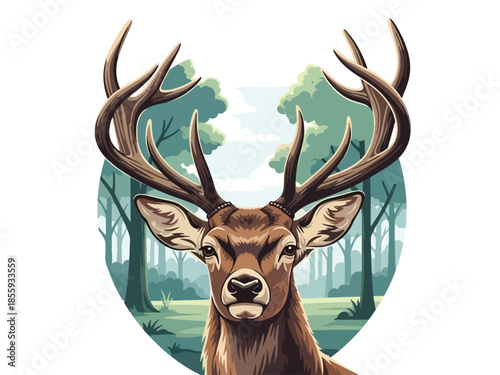 Modern vector illustration of close up deer face with forest clearing background, peaceful flat style wildlife portrait, ideal for nature and calm visuals