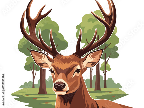 Modern vector illustration of close up deer face with forest clearing background, peaceful flat style wildlife portrait, ideal for nature and calm visuals
