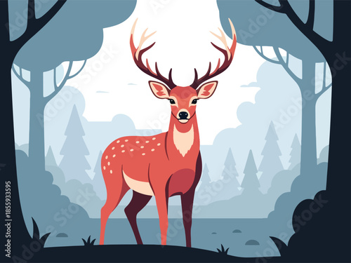 Modern vector illustration of close up deer face with forest clearing background, peaceful flat style wildlife portrait, ideal for nature and calm visuals