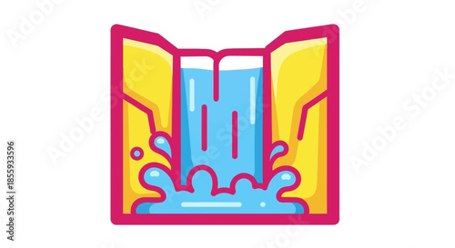 Colorful Cartoon Waterfall Icon with Pink Border and Yellow Cliffs.