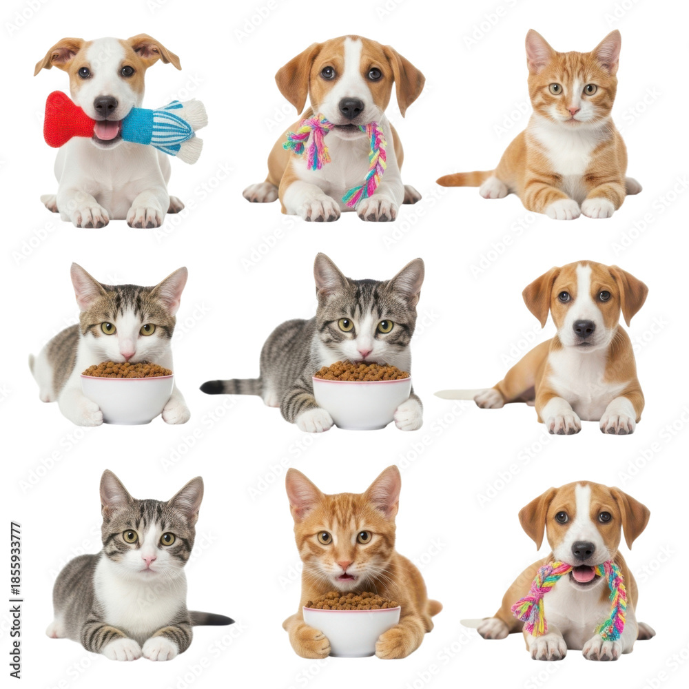 Obraz premium Playful puppies and kittens with toys and food isolated on transparent background
