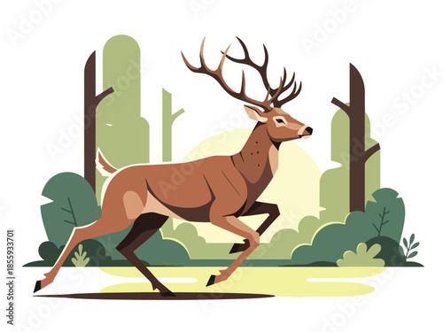 Modern vector illustration of close up deer face with forest clearing background, peaceful flat style wildlife portrait, ideal for nature and calm visuals